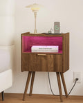 Leomonio Walnut Brown Nightstand, Modern Bedside Table with Charging Station & LED Lights, Plus Storage Drawer, Open Wood Shelf and Solid Wood Legs, for the Living Room, Bedroom & Small Spaces