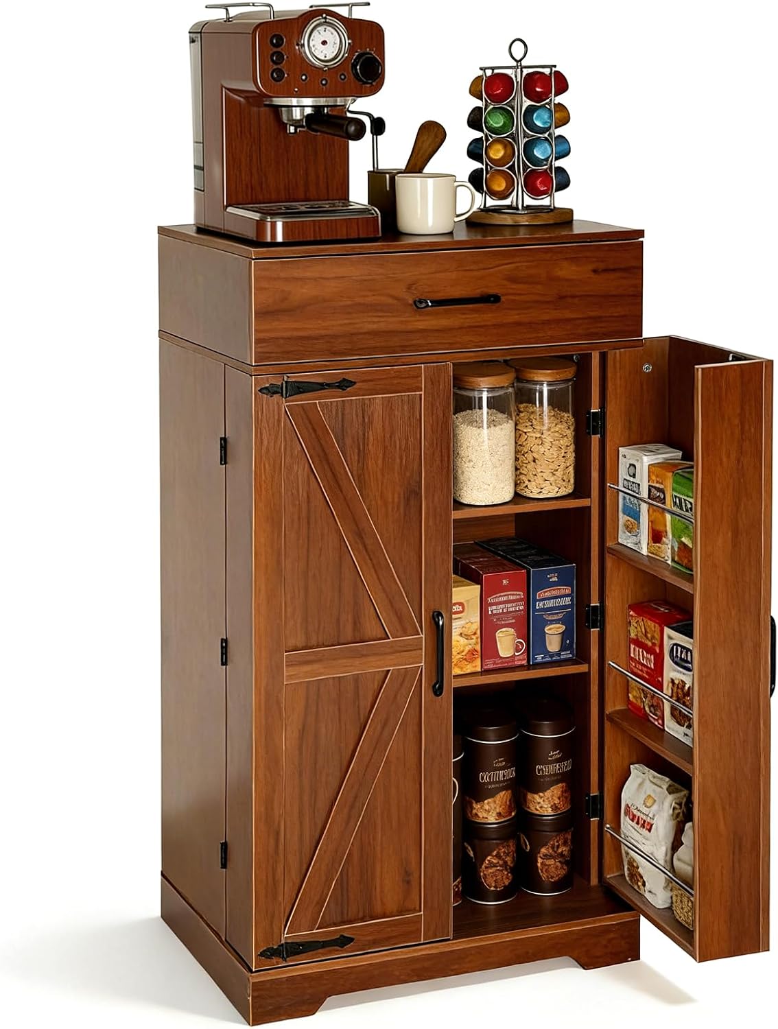 CypherX 47" Farmhouse Brown Kitchen Pantry Storage Cabinet for Dining Room | Rustic sideboard buffet cupboard; doors with shelves & smooth drawer; 47" tall pantry; 5-level adjustable storage shelves