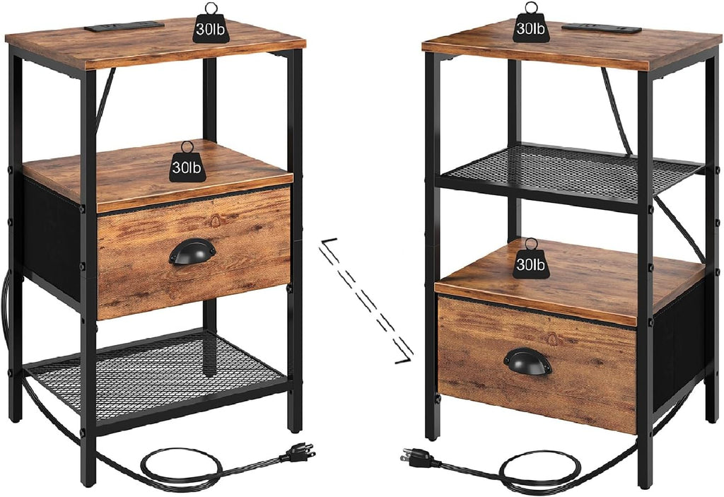 sthmec Nightstands Set of 2, Night Stands with Charging Station and Fabric Drawer, Bedside Tables with Drawers, 2- Tier Side Table with Open Shelf, Nightstands with Charging Station,Rustic Brown