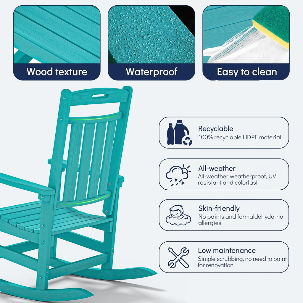 Plawdlik Oversized HDPE Outdoor Rocking Chair Set of 2, All-Weather, Aruba | Heavy Duty Patio Rockers with High Back, Extra Large & Extra Wide, Supports up to 380lbs, Perfect for Porch, Lawn, Garden