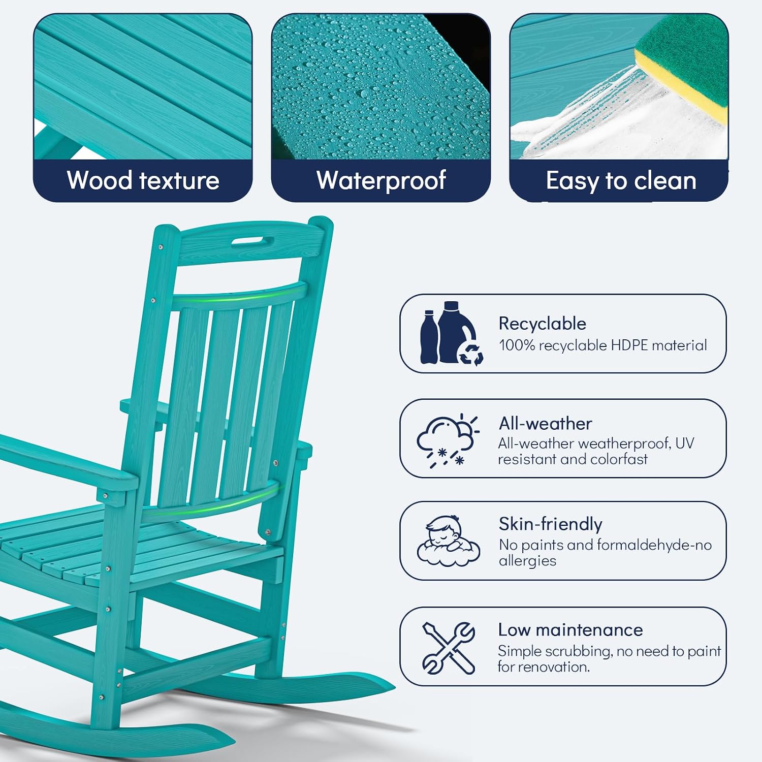 Plawdlik Oversized HDPE Outdoor Rocking Chair Set of 2, All-Weather, Aruba | Heavy Duty Patio Rockers with High Back, Extra Large & Extra Wide, Supports up to 380lbs, Perfect for Porch, Lawn, Garden