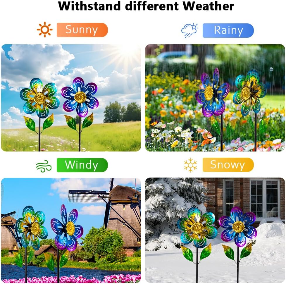 Viveta 2 Pack Wind Spinners,Flower Garden Sculpture, Metal Windmill, Green and Purple Pinwheels for Yard Lawn Patio Decor