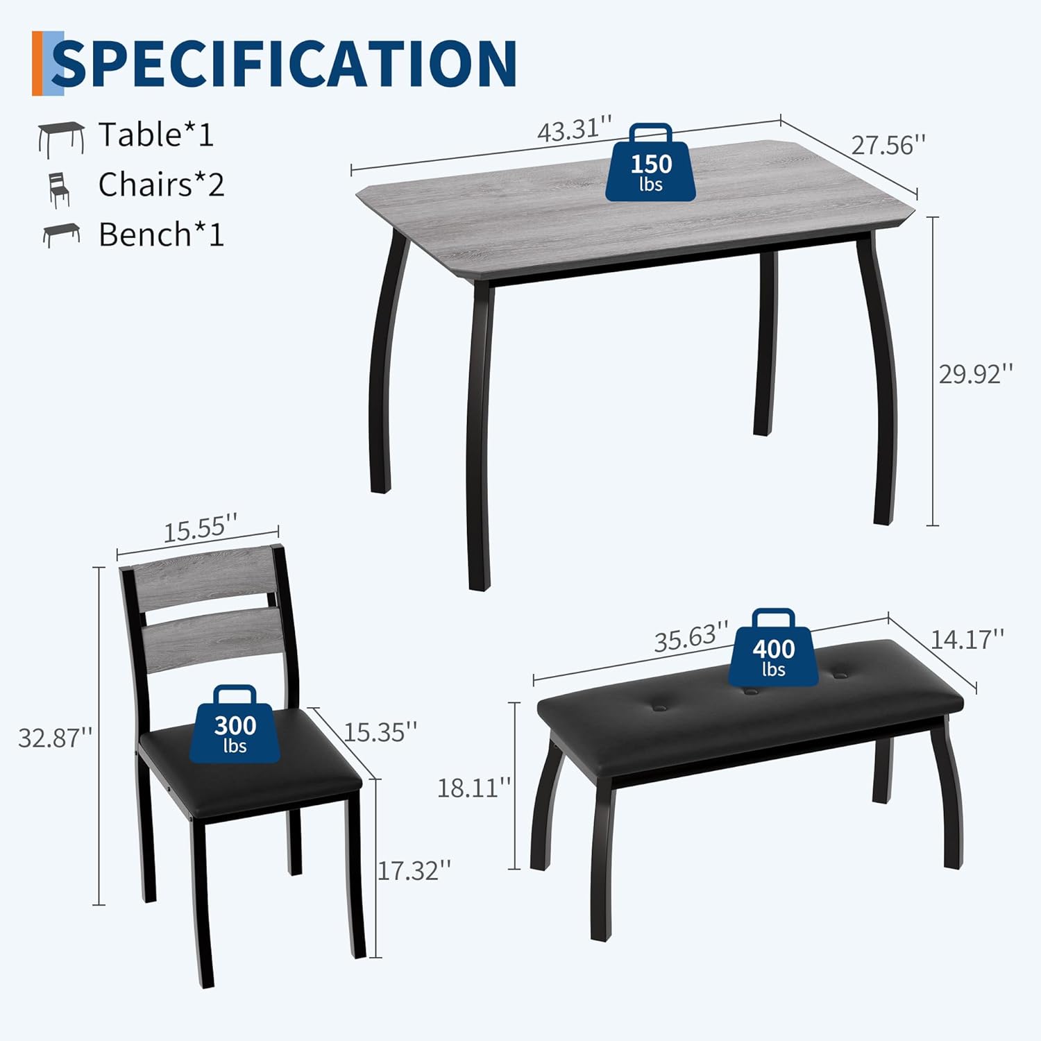 Kitchen Table Set for 4, 4-Piece Dining Table with 2 Chairs and PU Upholstered Bench - Cutting Corner Tabletop Design, Space-Saving Kitchen Furniture for Studio, Restaurant, Gray