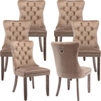 OVENTA Modern Tufted Upholstered Dining Chairs Set of 6, Sand Velvet Dining Room Chair with Solid Wood Legs, Sillas de Comedor, Kitchen Chairs (Sand, Velvet Set of 6)