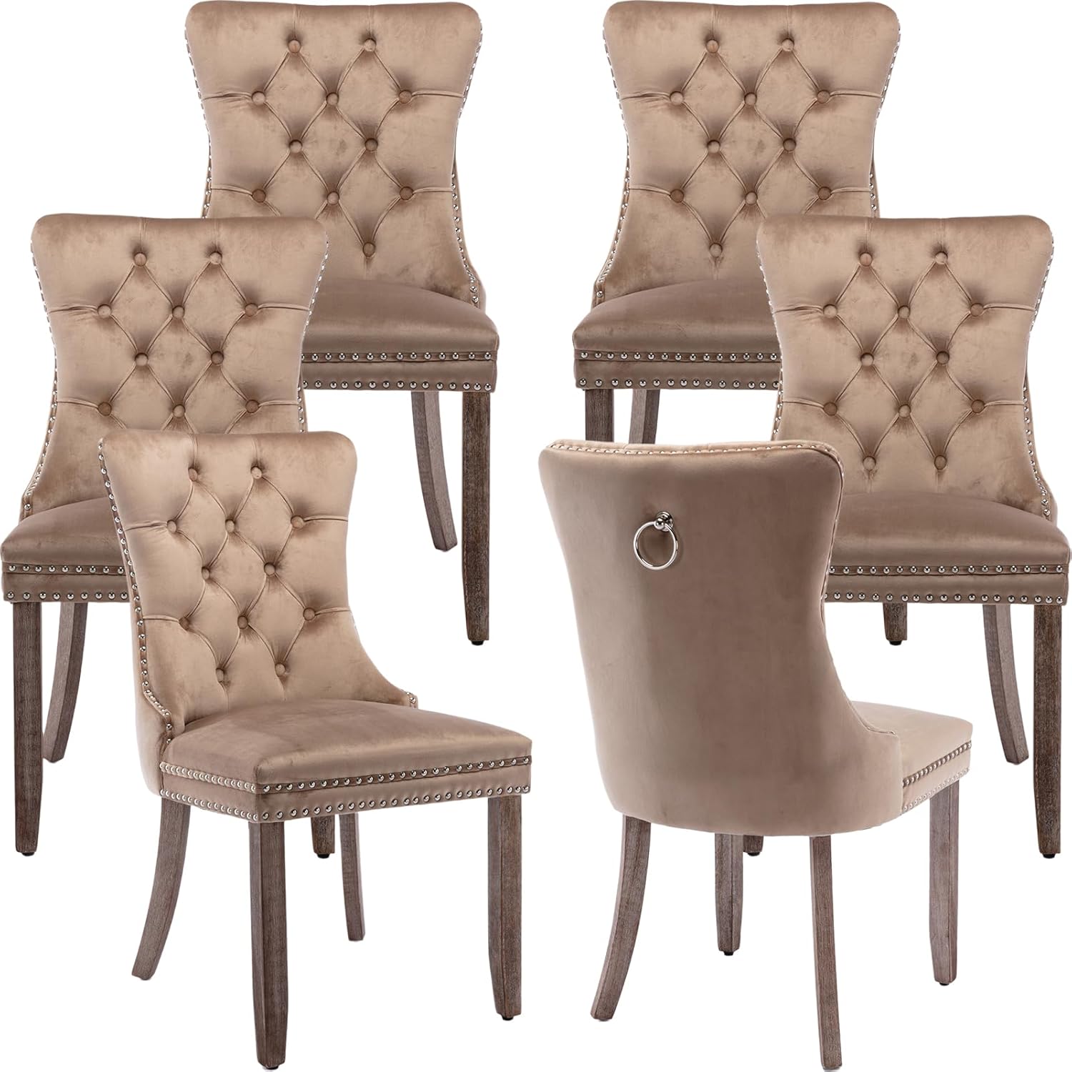 OVENTA Modern Tufted Upholstered Dining Chairs Set of 6, Sand Velvet Dining Room Chair with Solid Wood Legs, Sillas de Comedor, Kitchen Chairs (Sand, Velvet Set of 6)