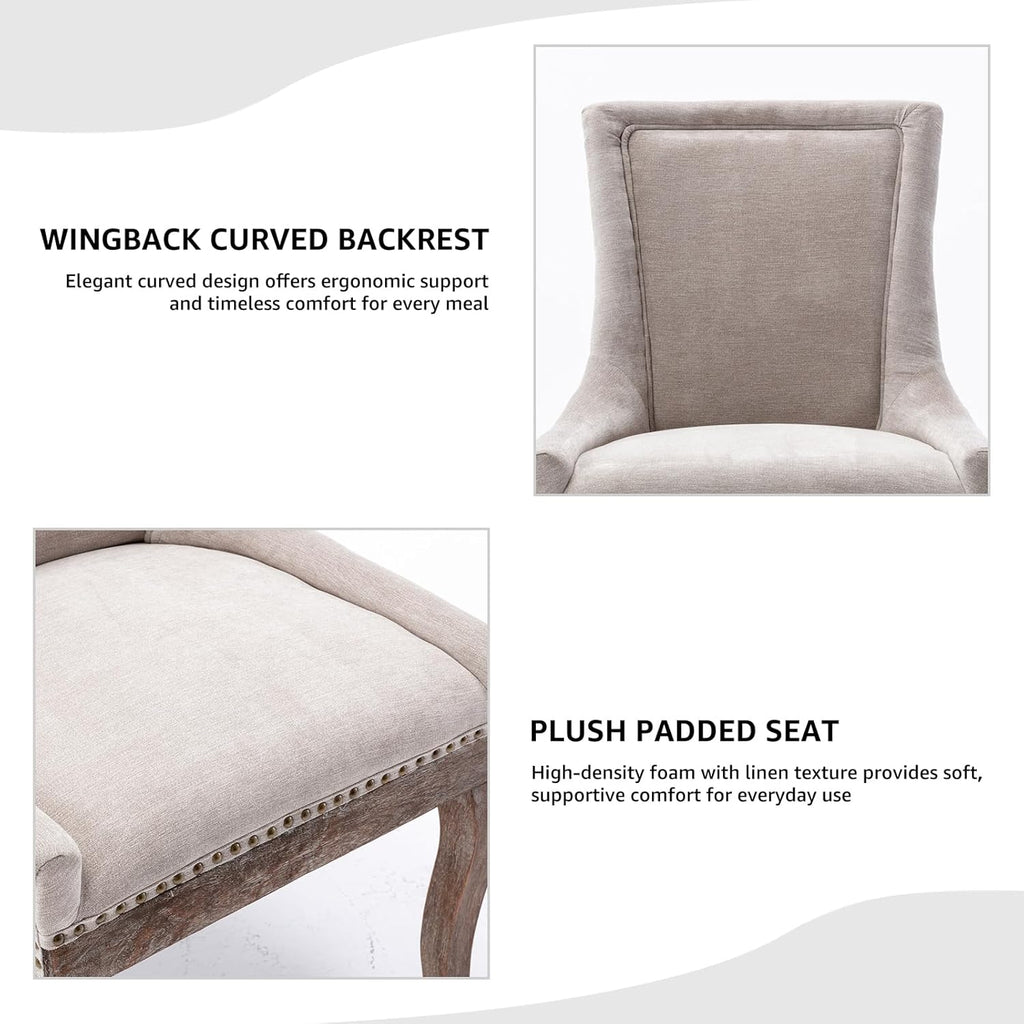 Modern Dining Chairs Set of 4, Fabric Upholstered High Back Chairs with Nailhead Trim and Curved Solid Wood Legs, Sillas de Comedor Accent Chairs for Dining Room, Beige