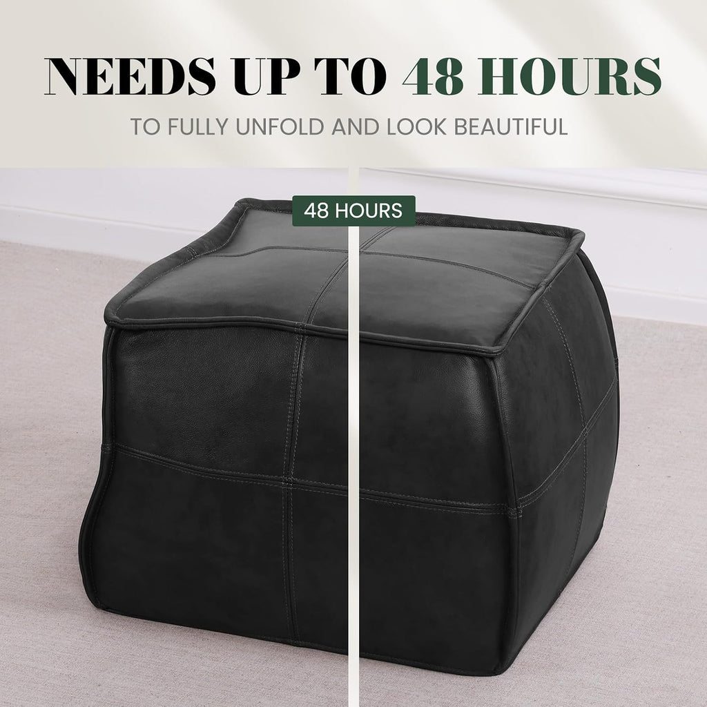 Couchus Genuine Leather Ottoman, Square Pouf Footstool (Square, Black)
