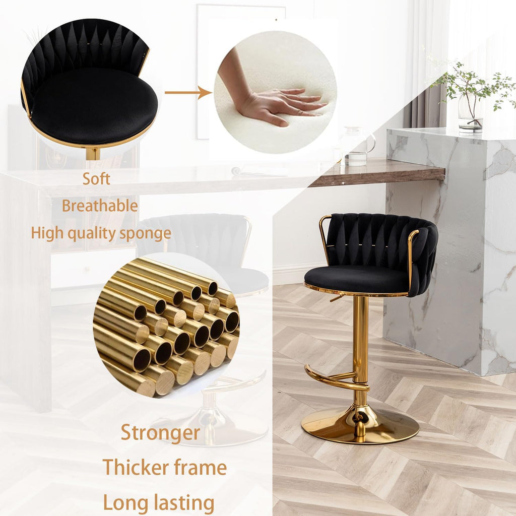 Riknuxi Velvet Bar Stools Set of 3, Counter Height Bar Chairs with Low Back, Gold Swivel Bar Stools for Kitchen Island, Pub (Black)