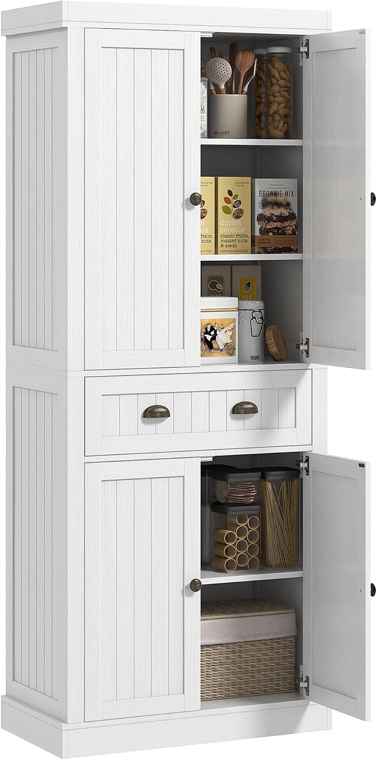 72" Farmhouse Kitchen Pantry Cabinet, Freestanding Tall Storage Cabinet with 4 Soft-Close Doors, 2 Adjustable Shelves and Drawer for Dining Room, Distressed White