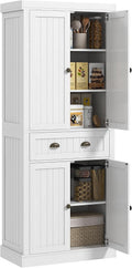 72" Farmhouse Kitchen Pantry Cabinet, Freestanding Tall Storage Cabinet with 4 Soft-Close Doors, 2 Adjustable Shelves and Drawer for Dining Room, Distressed White