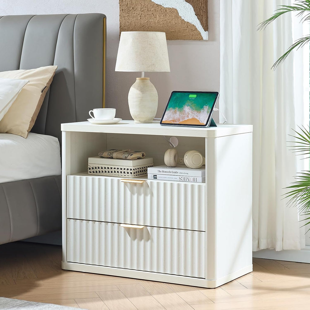 LEYAOYAO 31" Wide Fluted Nightstand Set of 2 with Charging Station, Oversized Extra Large 2 Drawers Night Stand, Antique White Bedside Table,Tall End Tables,Modern Chest of Drawer Dressers for Bedroom