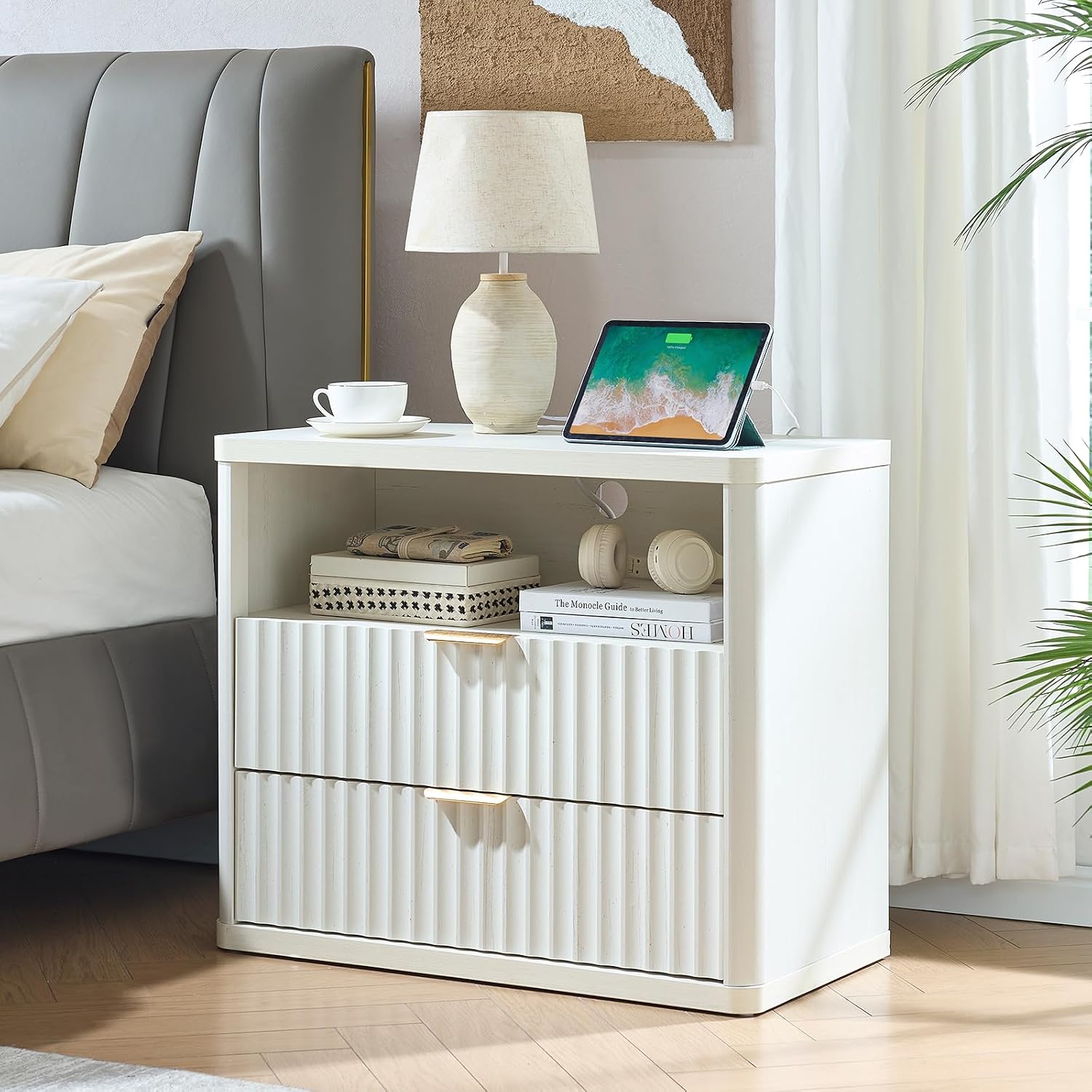 LEYAOYAO 31" Wide Fluted Nightstand Set of 2 with Charging Station, Oversized Extra Large 2 Drawers Night Stand, Antique White Bedside Table,Tall End Tables,Modern Chest of Drawer Dressers for Bedroom