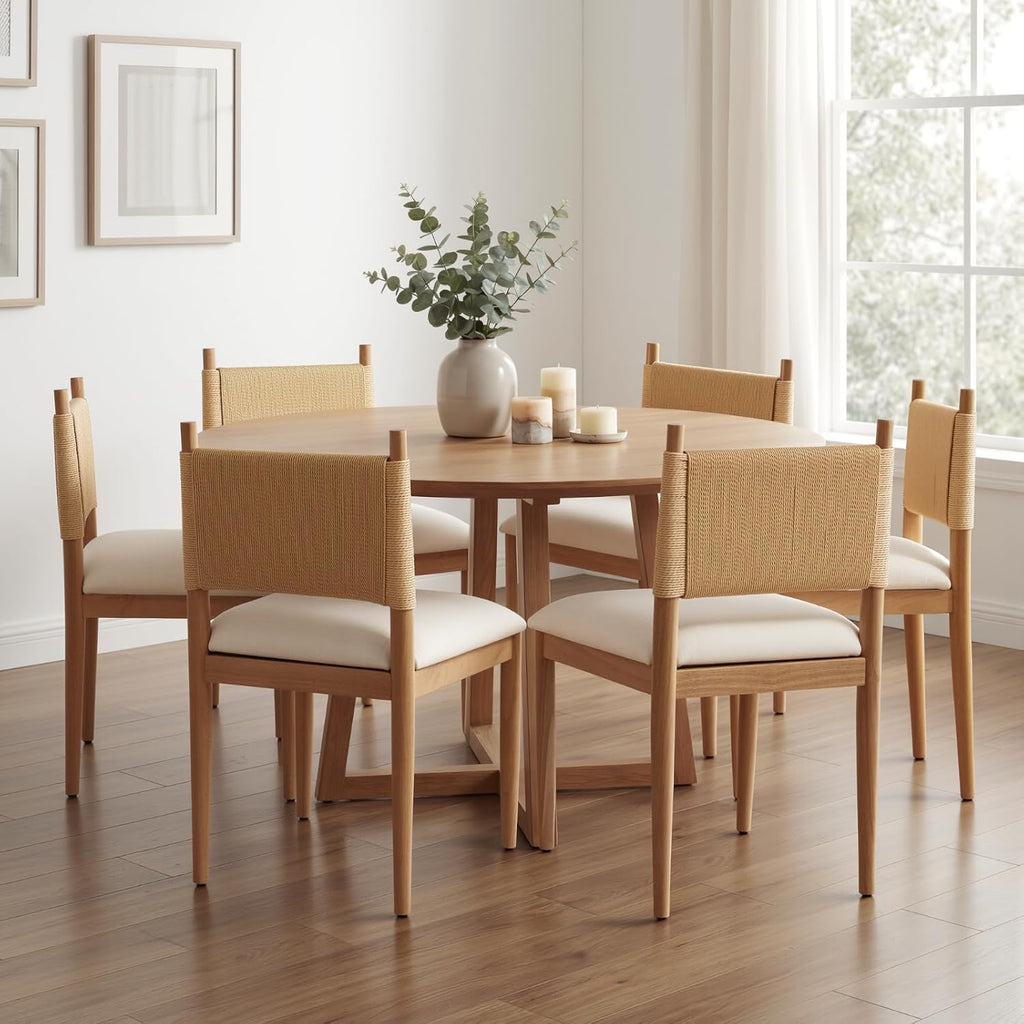 CIMOTA Modern Dining Chairs Set of 6, Mid Century Upholstered Dining Room Chairs with Woven Back, Armless Kitchen Chairs with Natural Solid Wood Legs, Linen Beige