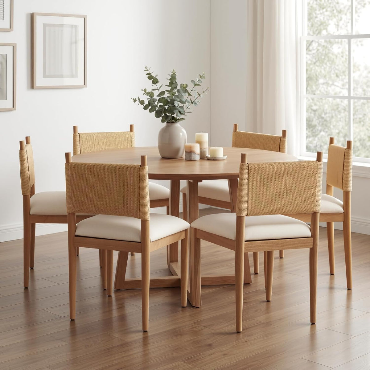 CIMOTA Modern Dining Chairs Set of 6, Mid Century Upholstered Dining Room Chairs with Woven Back, Armless Kitchen Chairs with Natural Solid Wood Legs, Linen Beige