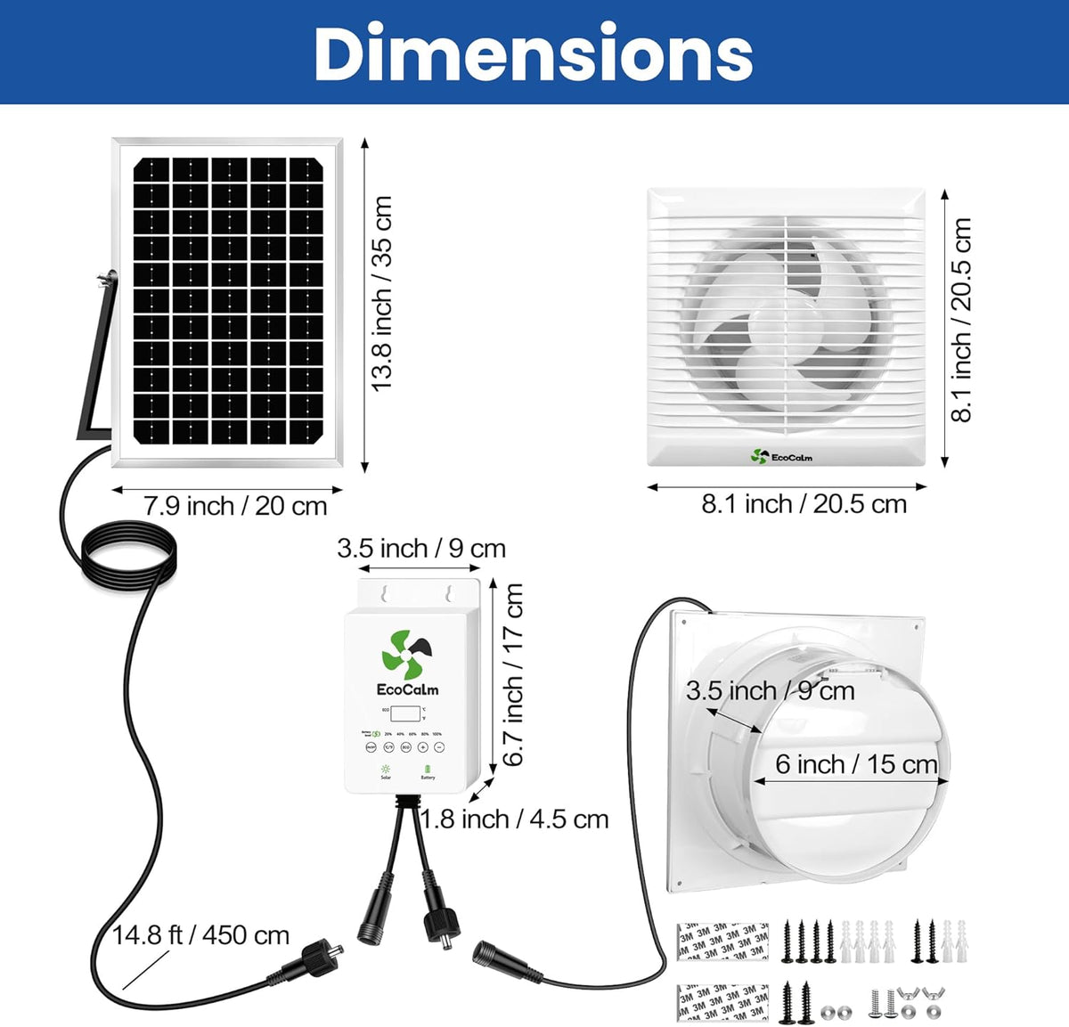 Solar Powered Fan with Battery and Adjustable Thermostat, 6“ Solar Fan for Chicken Coop with 12W Bifacial Solar Panel, Outdoor Greenhouse Exhaust Fan with Anti-backflow Valve