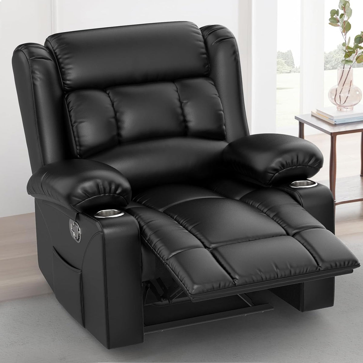 RV Recliner Chair, Oversized Reclining Loveseat Home Theater Seating with Cup Holders, Insert Pockets, Wall Hugger RV Recliners for Movie Room, Recline Movie Seats Gaming Sofa, Black