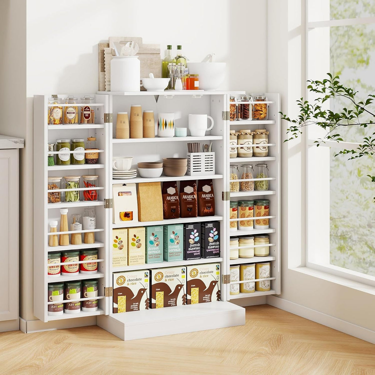 NAFORT 17-Tier Pantry Cabinet with 2 Doors and 6 Adjustable Shelves, Food Storage for Kitchen, Dining Room, Living Room (White)