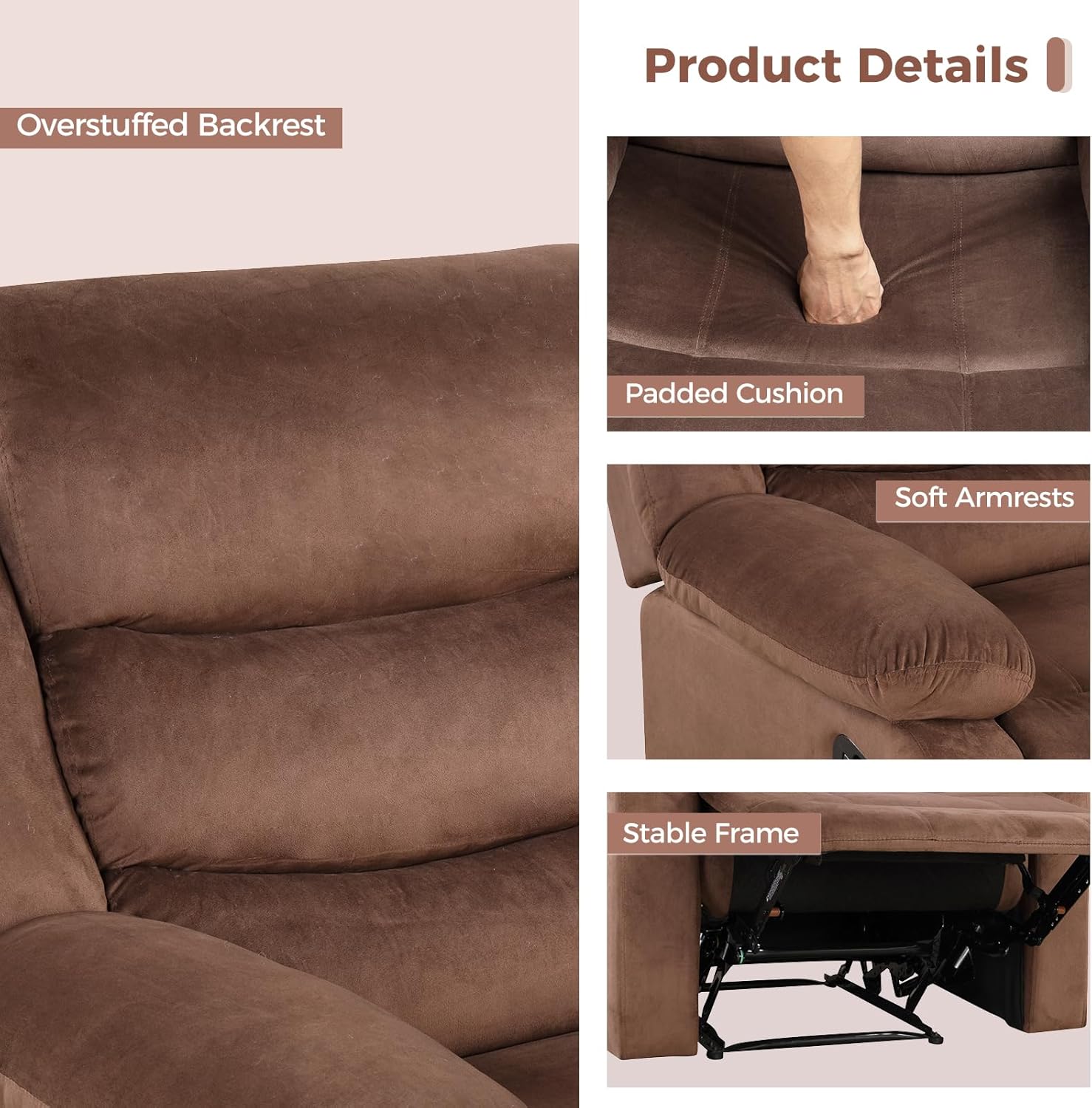 ANJ Manual Recliner Chair for Adults, Velvet Reclining Chair with Padded Arms and Overstuffed Backrest, Single Recliner Sofa for Living Room, Dark Brown