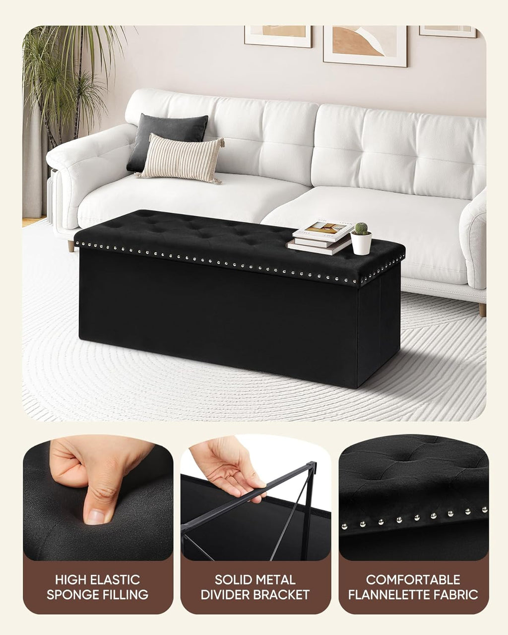 B FSOBEIIALEO Storage Ottoman Bench, 43" Velvet Ottoman with Storage, Black | 140L Large Storage Space, Tufted Foldable Long Storage Bench for Bedroom , Living Room, Entryway, End of bed