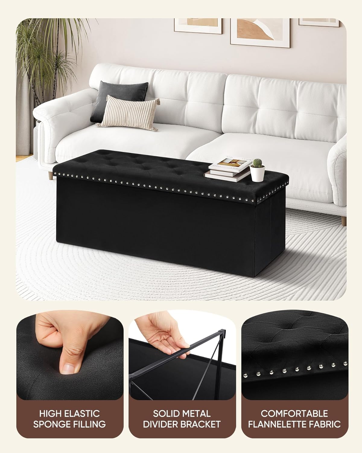 B FSOBEIIALEO Storage Ottoman Bench, 43" Velvet Ottoman with Storage, Black | 140L Large Storage Space, Tufted Foldable Long Storage Bench for Bedroom , Living Room, Entryway, End of bed