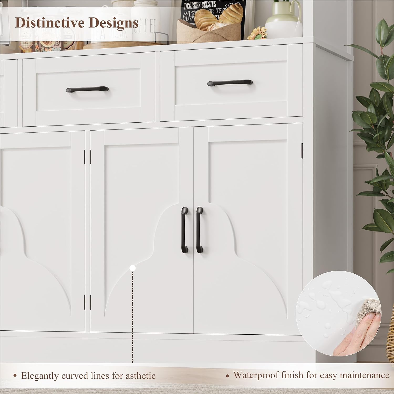 HITHOS 55“W Kitchen Pantry Cabinet, 76" Tall Hutch Storage Cabinet, White | Large Kitchen Pantry Storage Cabinet with Countertop, Modern Kitchen Hutch, Wood Coffee Bar with Drawers for Dining Room