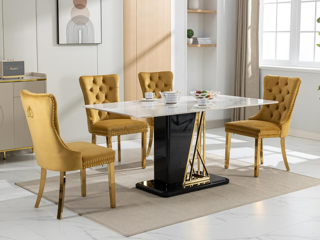 Velvet Dining Chairs Set of 4, Tufted Upholstered High Wingback Chairs with Nailhead Trim & Pull Ring, Golden Stainless Steel Legs for Dining Room, Sillas de Comedor, Gold