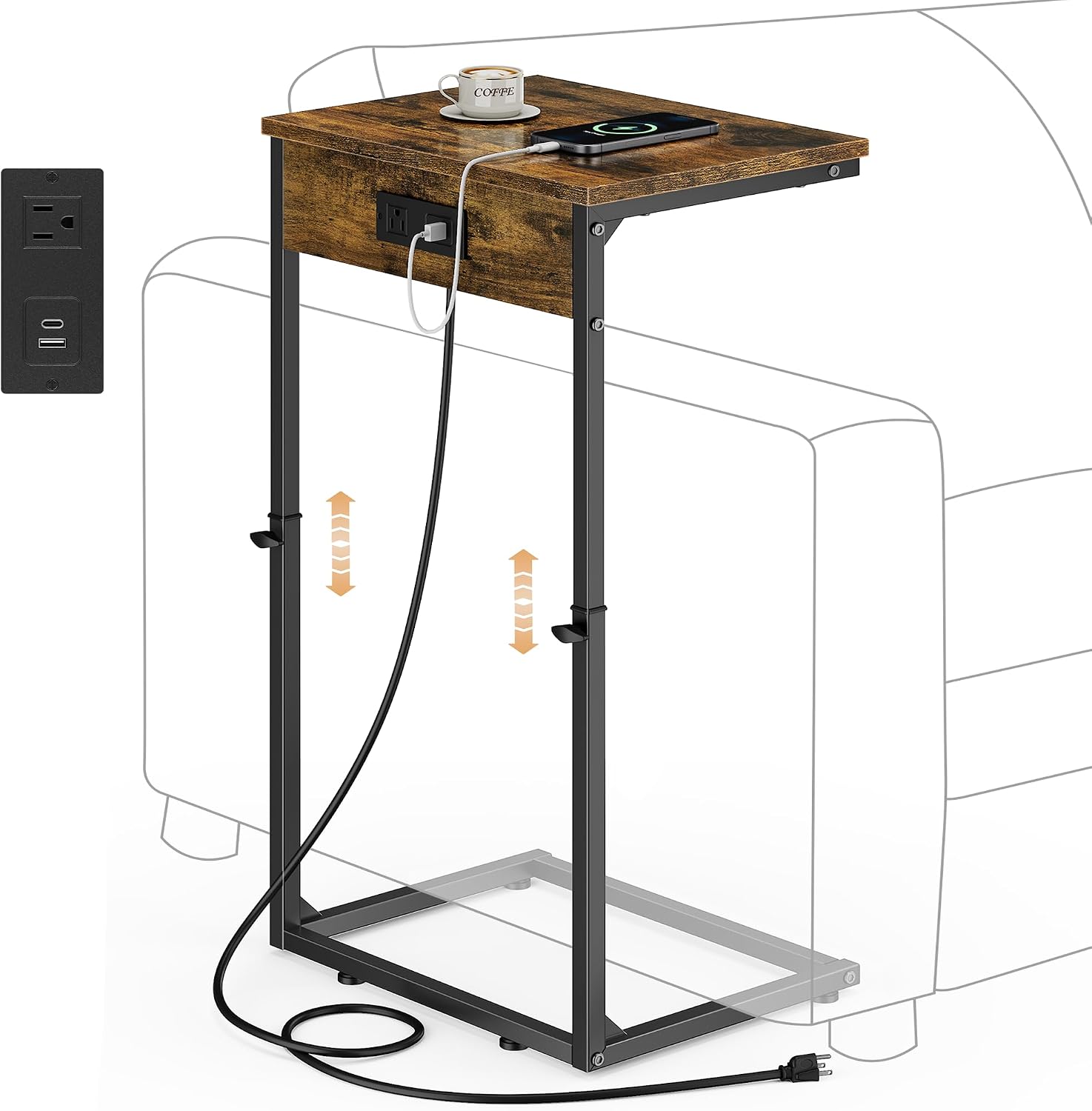 Vagusicc C Shaped End Table with Charging Station, Adjustable Height Side Table for Couch, Small Side Table, 33.2'' Tall Couch Tables that Slide Under, Tv Tray End Table for Living Room, Rustic Brown