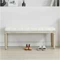 44‘’ Entryway Bench, Upholstered Button End of Bed Bench, Vintage Bench with Carving Pattern Wood Legs, Vanity Foot-Stool, White