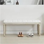 44‘’ Entryway Bench, Upholstered Button End of Bed Bench, Vintage Bench with Carving Pattern Wood Legs, Vanity Foot-Stool, White