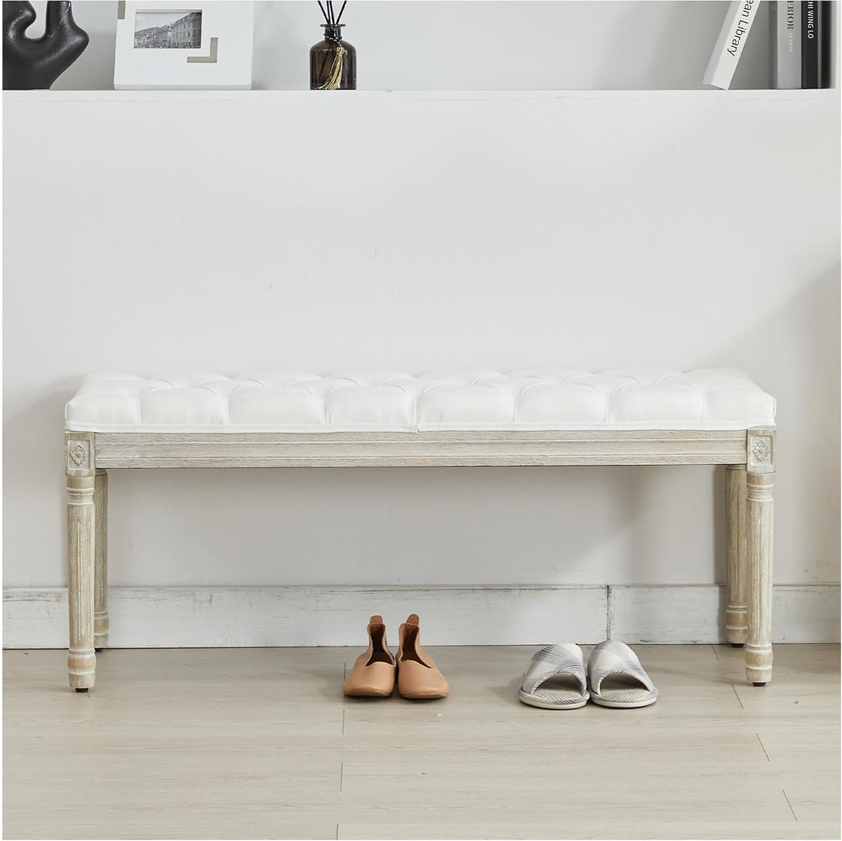 44‘’ Entryway Bench, Upholstered Button End of Bed Bench, Vintage Bench with Carving Pattern Wood Legs, Vanity Foot-Stool, White