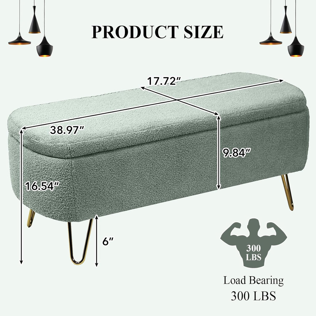 Modern Storage Ottoman Bench, Teddy Upholstered Entryway Bench with Gold Legs, Vintage End of Bed Bench with Safety Hinge, Padded Bench with Storage for Living Room, Bedroom, Entryway (Green)