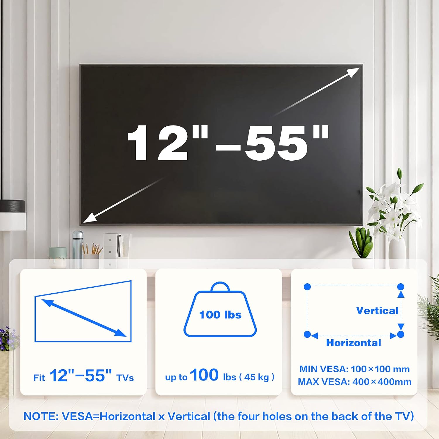KAMIWI 1.2" Ultra Slim Fixed TV Wall Mount for 12-55 Inch TVs up to 100lbs | Low-Profile Flush TV Mount, Universal TV Wall Bracket, Fits 16"/24" Wood Stud, Max VESA 400 x 400 mm, Easy Installation
