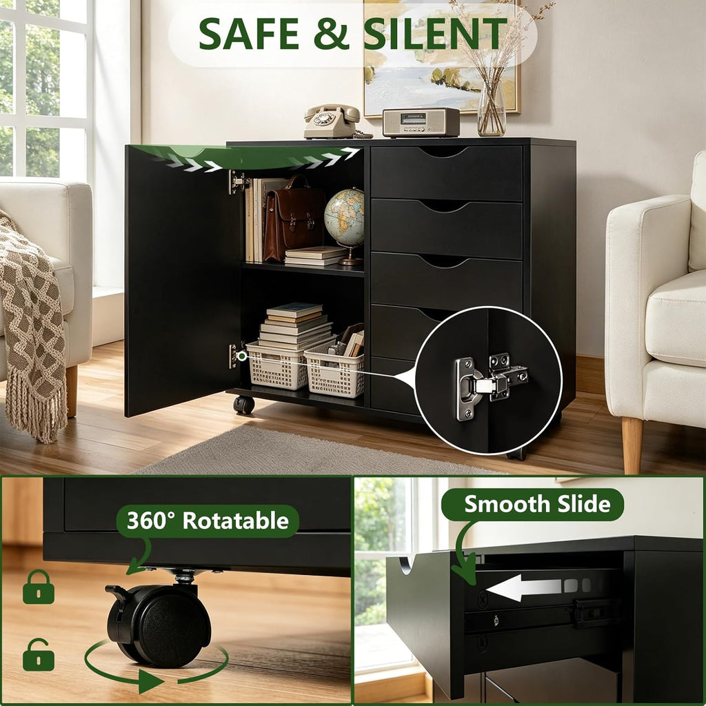 5 Drawer Wood Storage cabinets, Chest of Drawers for Home Office, Printer Stand with Adjustable Shelf (Black)