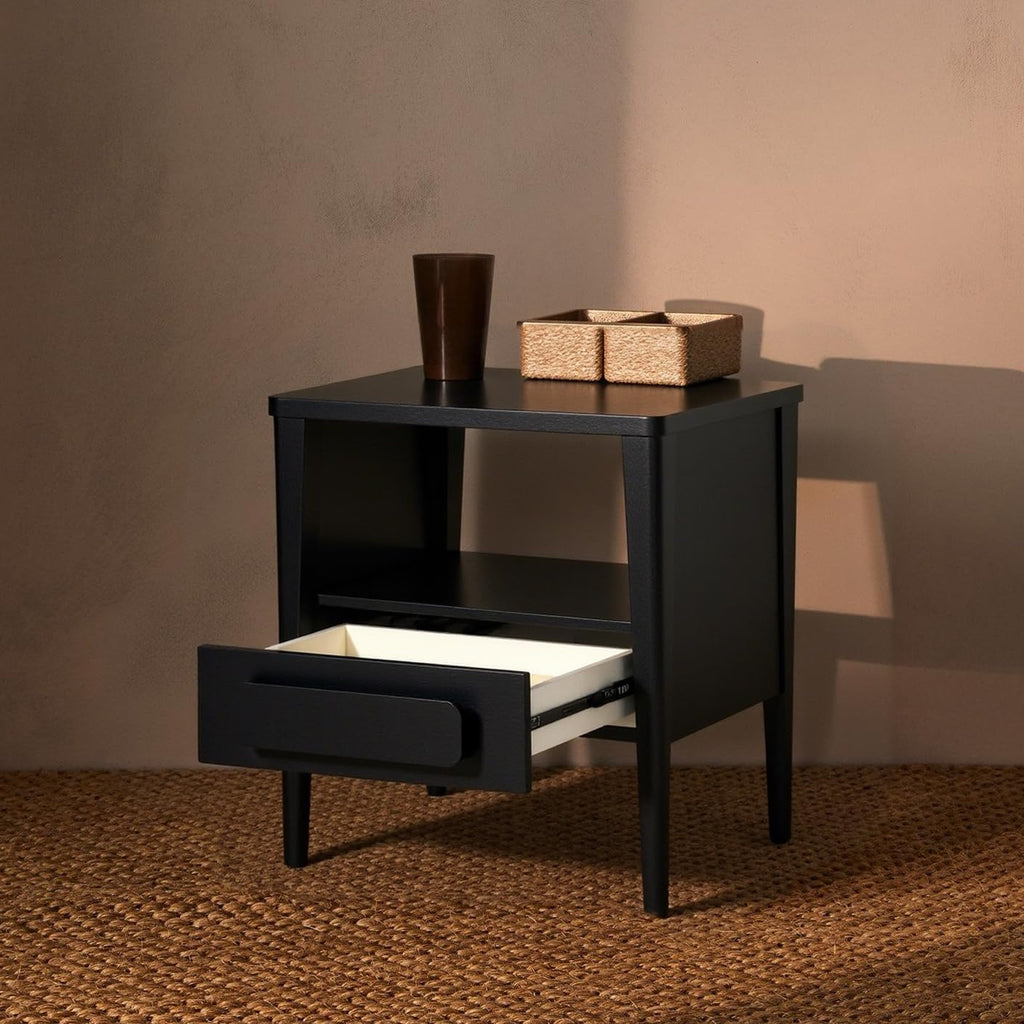 Modern Nightstand, Sustainable Hevea Premium Solid Wood Frame - Bedside Table - End Table with Ball Bearing Slide - Drawers Real Wooden Cabinet Organizer for Bedroom (Midnight Charcoal)