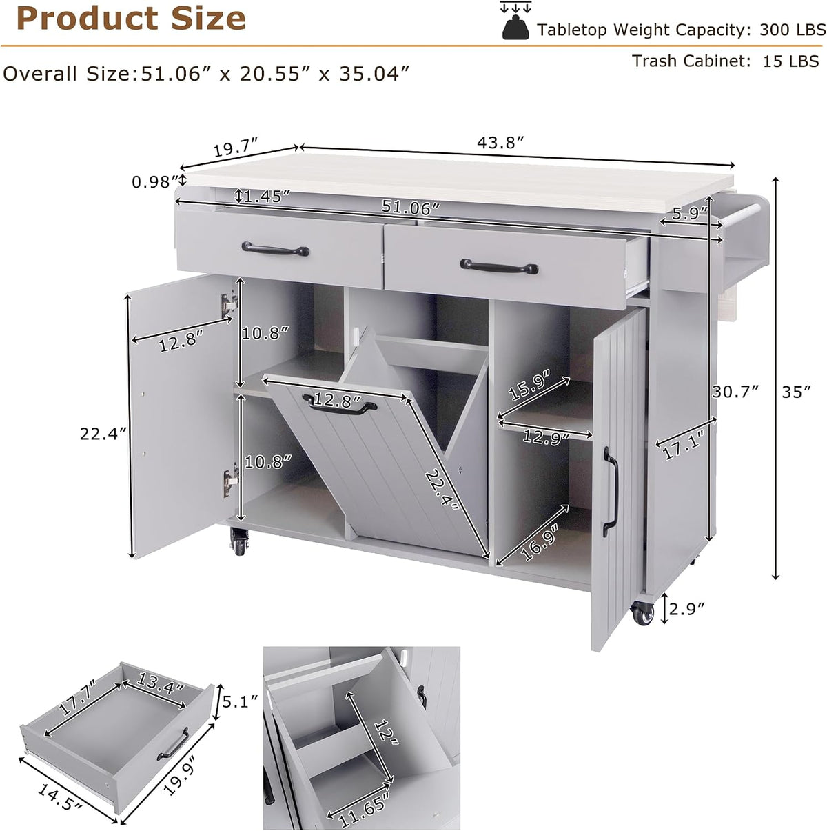 51" Rolling Kitchen Island with Tilt-Out Trash Cabinet & Drop Leaf | Tilt-Out Trash Cabinet, Drop Leaf Extension, Rolling Design, Kitchen Storage, 51 Inch Width