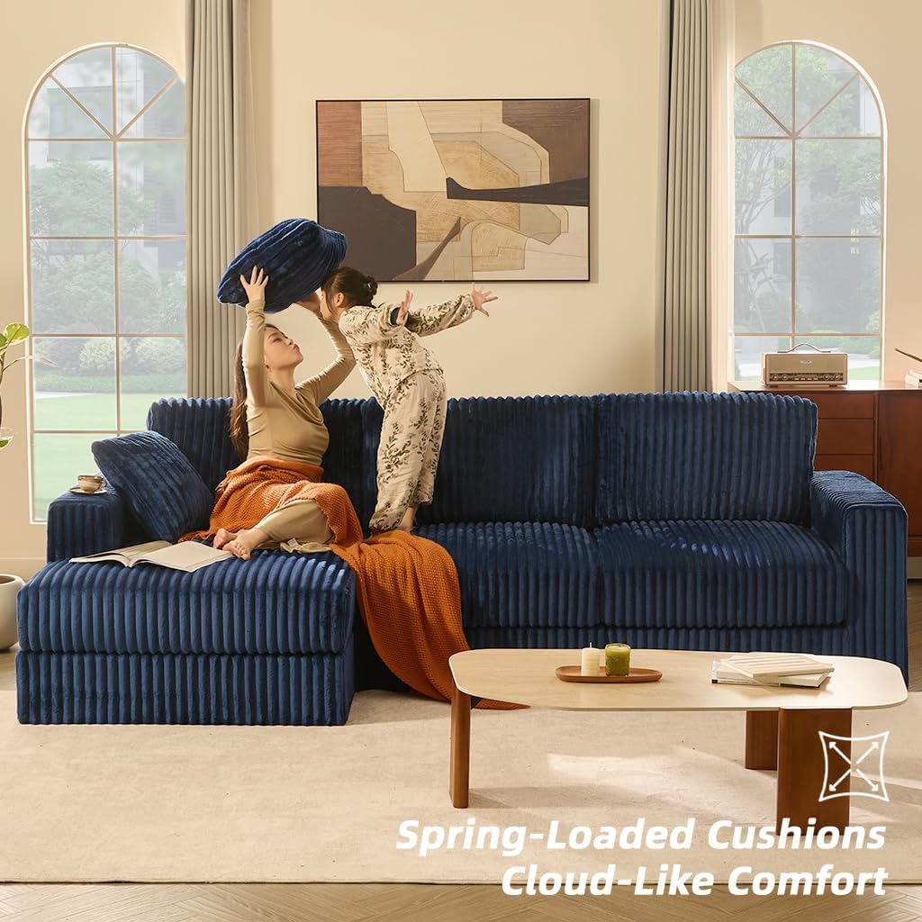 GOSUHI 113" L-Shaped Cloud Couch, Modular Sectional, Deep Seats, Navy | Pocket Spring Cushions, Oversized 3-Seater, Left Facing Chaise, Corduroy Upholstery Couches for Living Room