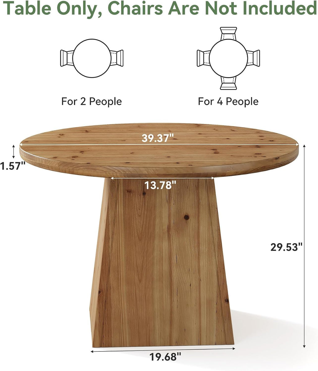 Solid Wood Round Dining Table for 4, Small Circle Kitchen Table with Thickened Top & Sturdy Pedestal Base for Dining Room, Living Room, Kitchen, 39.4 x 29.5 Inches, Farmhouse Style (Table Only)