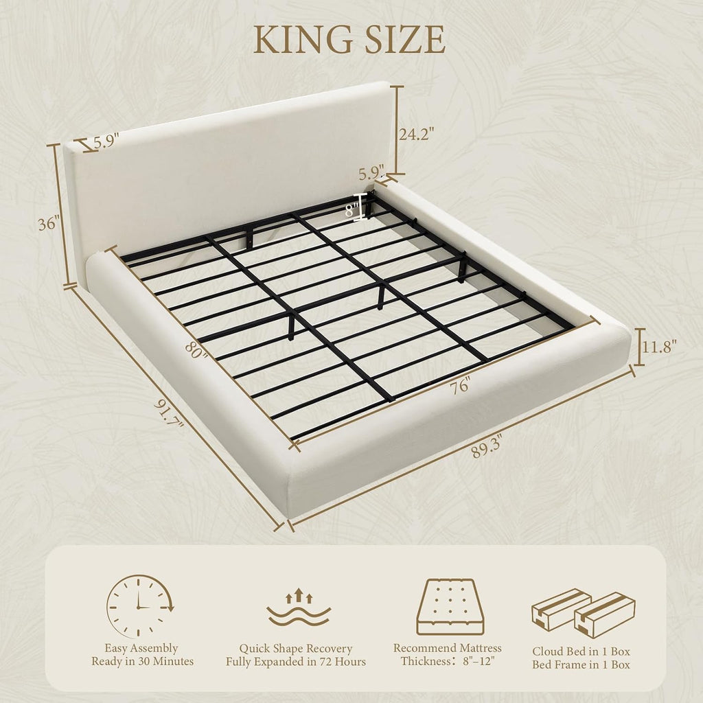 XIAO WEI King Cloud Bed Frame, Upholstered Platform Bed Frame with Headboard, 5.9" Thick Fully Padded Frame, White Ribbed Chenille Fabric, Noise-Free, No Box Spring Required, Easy Assembly