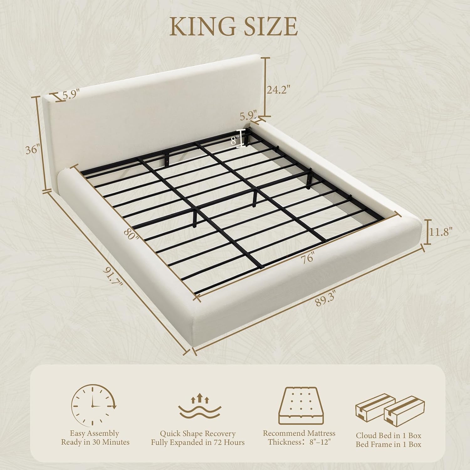 XIAO WEI King Cloud Bed Frame, Upholstered Platform Bed Frame with Headboard, 5.9" Thick Fully Padded Frame, White Ribbed Chenille Fabric, Noise-Free, No Box Spring Required, Easy Assembly