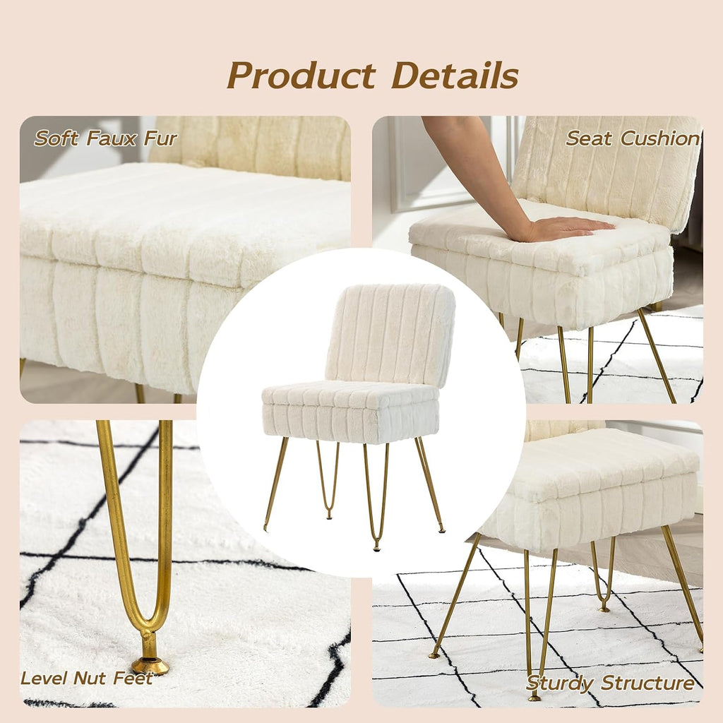 Vanity Chair with Storage | Comfy Ottoman with Folding Back | Faux Fur Vanity Stool with 4 Metal Legs for Make Up | Furry Padded Seat with Anti-Slip Feet for Bedroom Dressing Room | White