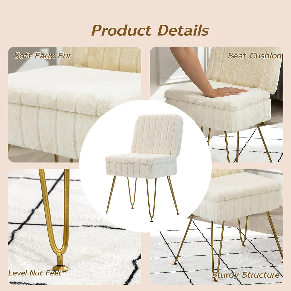Vanity Chair with Storage | Comfy Ottoman with Folding Back | Faux Fur Vanity Stool with 4 Metal Legs for Make Up | Furry Padded Seat with Anti-Slip Feet for Bedroom Dressing Room | White
