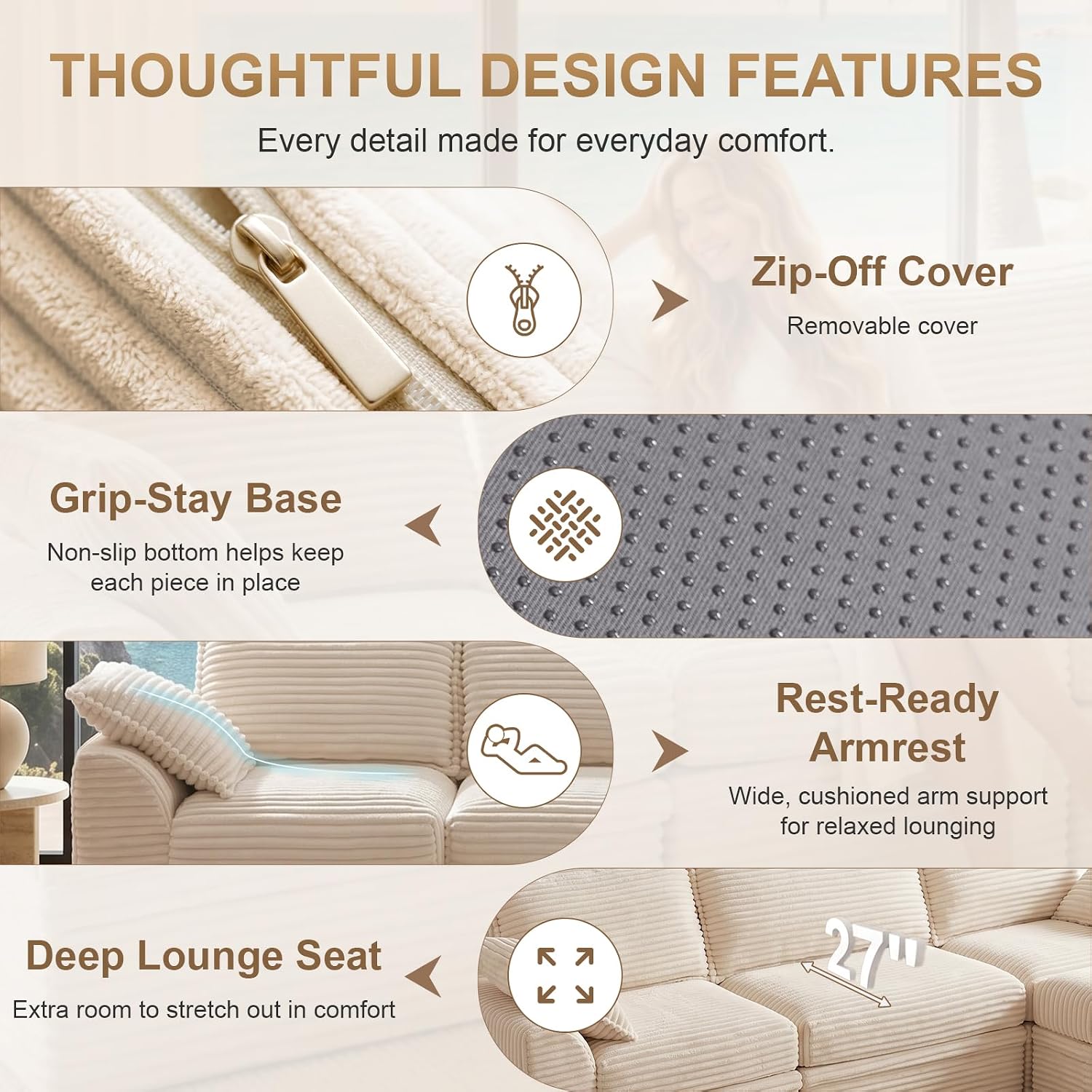 142" Upgraded Couch with Storage, Modular Sectional Couches for Living Room, Oversized Deep Seat 6-Seat U Shaped Cloud Sofa with Ottoman & Pillows,Corduroy,No Assembly(Beige)