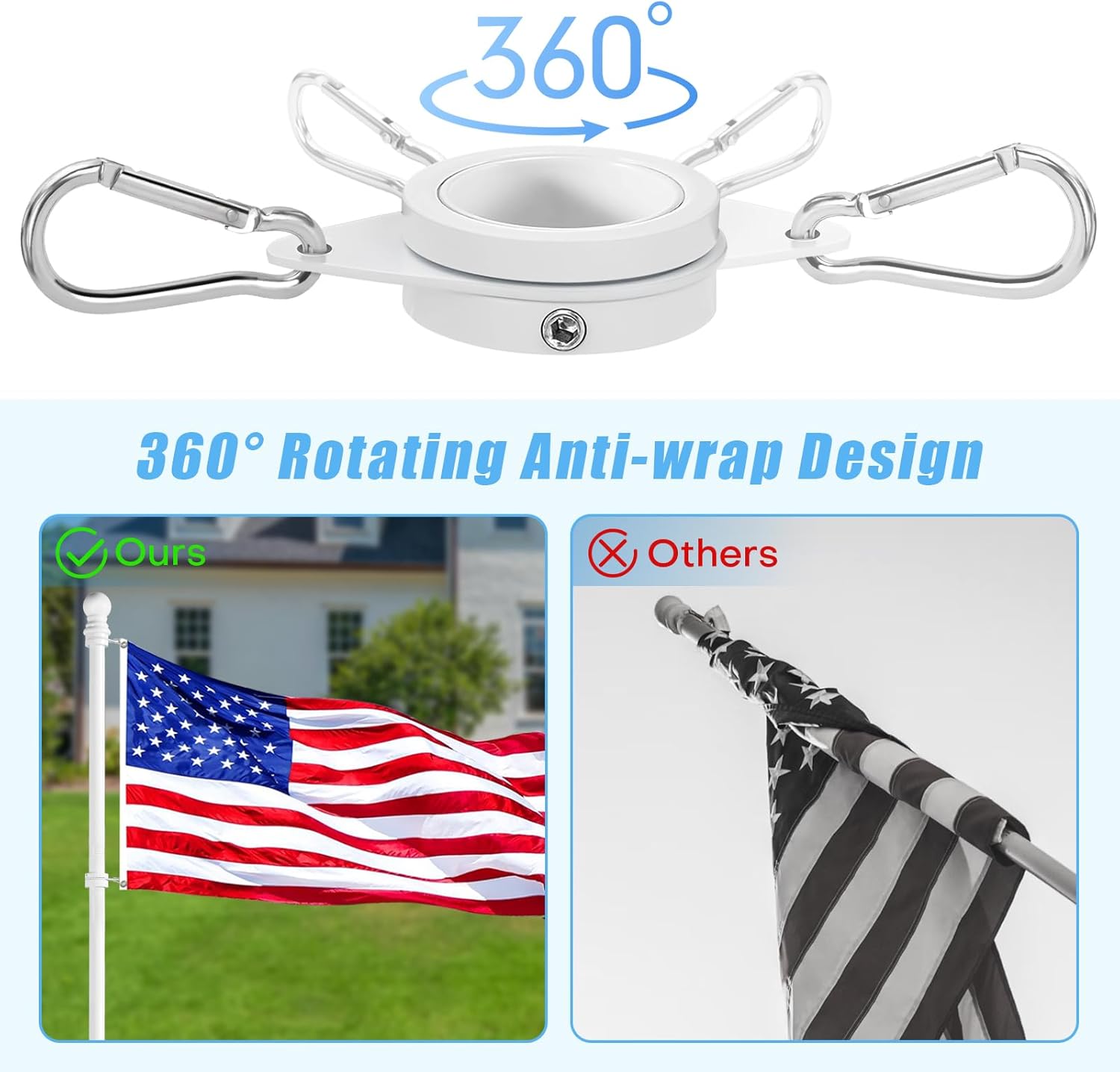 1" White Flag Pole Rings, 2 Pcs Anti Wrap Aluminum Alloy Flag Pole Clips Swivels, 360° Rotating Flagpole Flag Mounting Rings, Spinning Flag Pole Kit for 0.75-1.02" Diameter (Φ1, White)