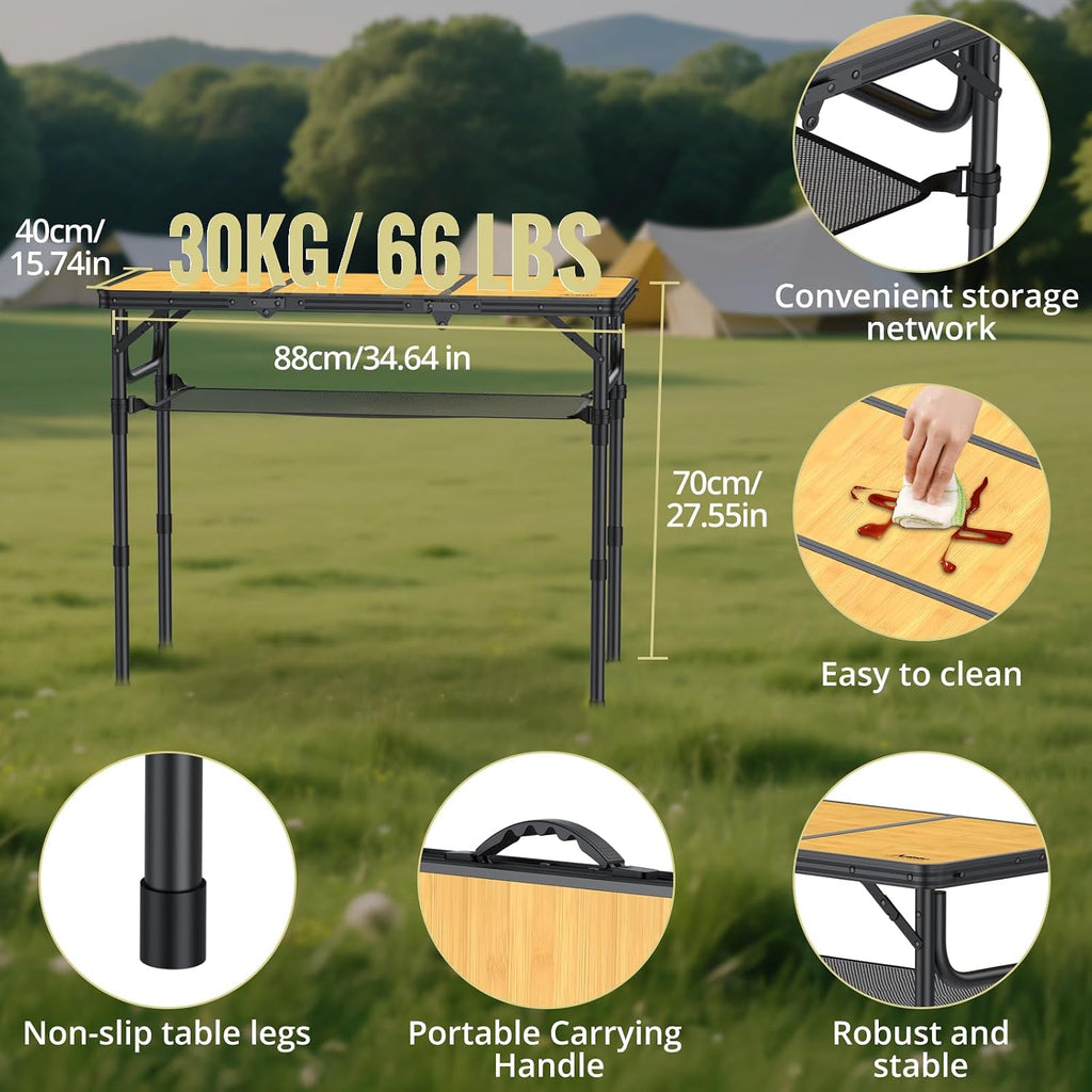 Anbte 3ft Camping Table Foldable with Storage Net and Bag, 3 Adjustable Heights High 27.5" Aluminum Camping Table Portable, for Outdoor Indoor Backyard BBQ Cooking Party Picnic Beach, Light Oak Grain