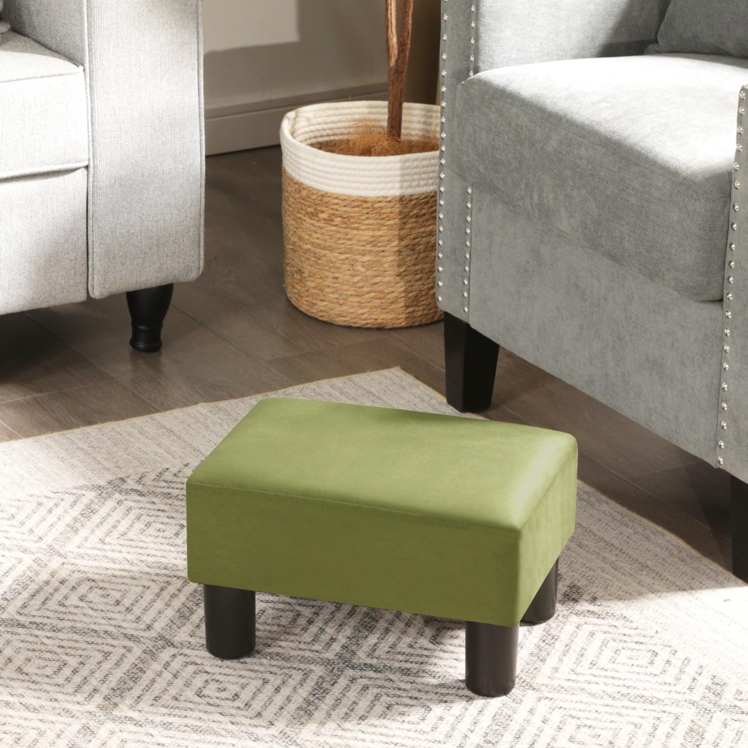 Adeco Small Velvet Foot Stool for Living Room & Bedroom, Boho Chic Upholstered Ottoman Footrest with Thick Padded Seat, Compact Under Desk Stool, 15 inch, Grass Green, Supports 335 lbs
