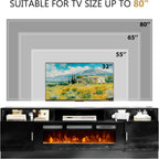 70" Fireplace TV Stand with Power Outlet, Entertainment Center with 36" Fireplace for TVs Up to 80", Modern TV Console for Living Room with High Gloss Storage Cabinet & LED Lights, Black-Black