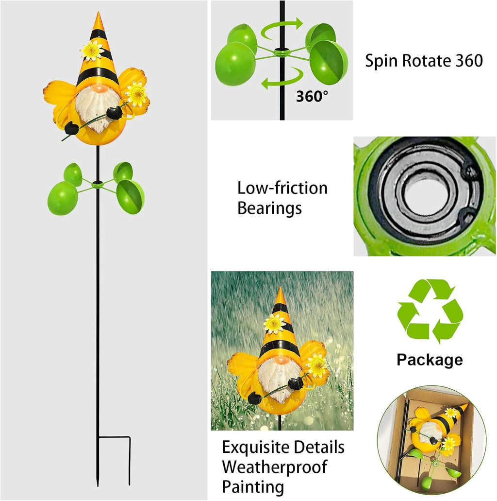 HONGLAND Gnome Metal Yard Art, Gnomes Garden Statue Outdoor Decor, 48 inch Gnome Decorations 360 Degrees Swivel Wind Spinner for Outdoor Patio Garden Backyard Décor - Bee