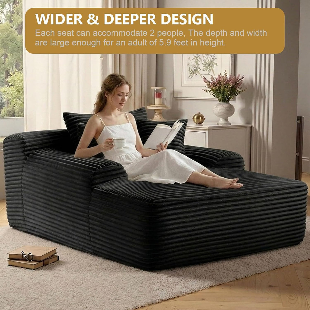ODUWA 65" Oversized Chaise Lounge Chair Indoor, Cloud Couch Chair with Wide Armrest 3 Pillows, Comfy Cozy Sofa Bed Couches for Living Room No Assembly Require, Black