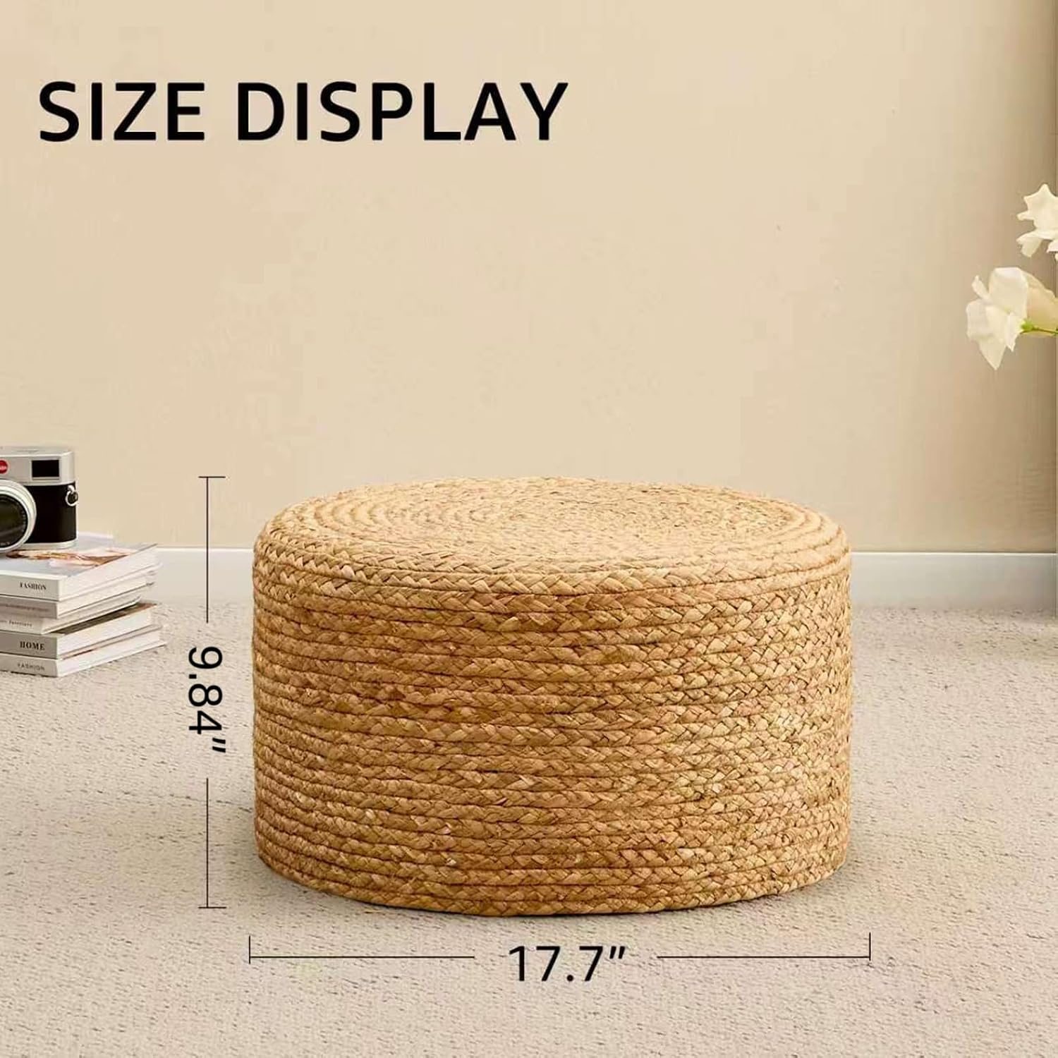 Wimarsbon Round Pouf Ottoman, Natural Hand Knitted Footrest Poof, Rustic Lounge Pouffe, Boho Pous Foot Stool, Accent Table or Seat (Natural Water Hyacinth, 17.7 * 17.7 * 9.84)
