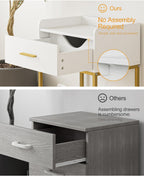 Nightstand with Charging Station, Modern Bedside Table with Drawer and Legs,White and Gold Night Stand with Open Shelf, Narrow Side Table for Bedroom, Living Room